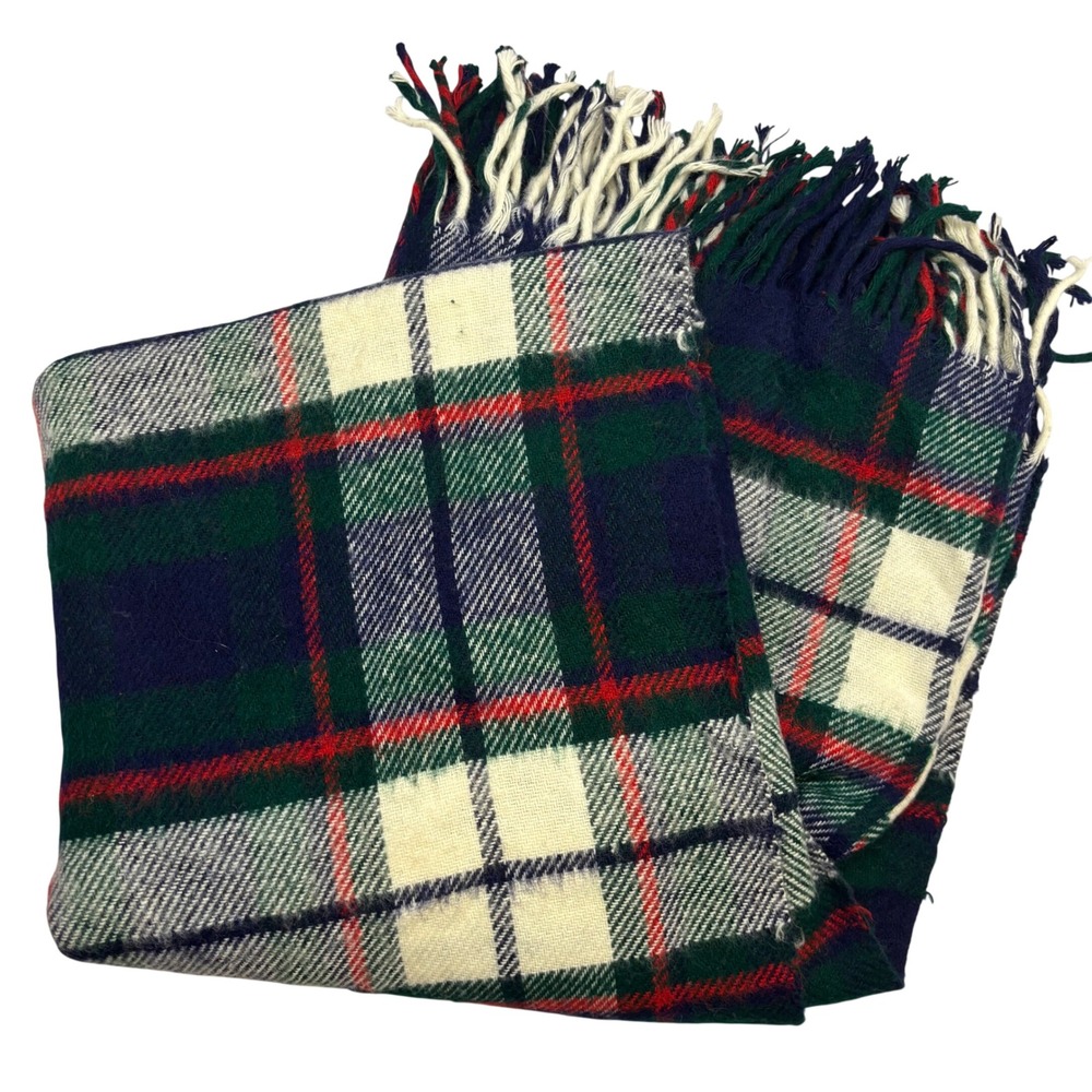 Vtg Troy Leisure Wool Blanket Plaid Navy Green Red Fringe Made USA 50x61"